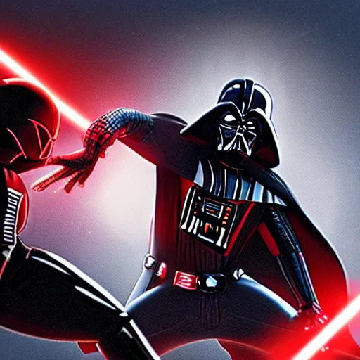 Prompt: darth vader fighting spiderman, realistic, movie still