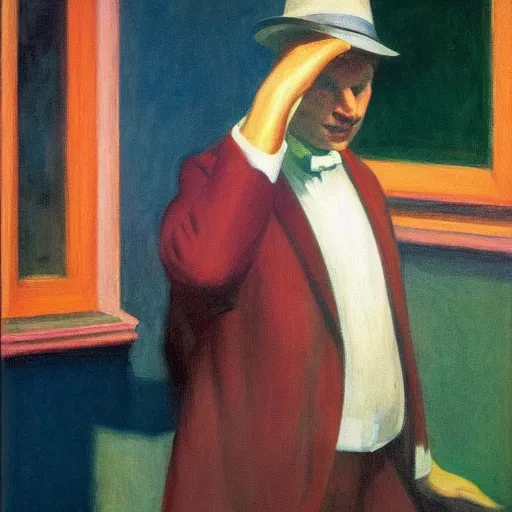 Image similar to a man waving. Hands donr by Edward Hopper.