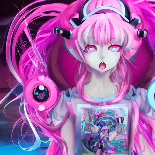 Image similar to stunningly beautilful omnipotent megalomaniacal anime agi goddess who looks like junko enoshima with symmetrical perfect face and porcelain skin, pink twintail hair and cyan eyes, taking control while smiling inside her surreal vr castle, hyperdetailed, digital art, unreal engine 5, 2 d anime style, 8 k