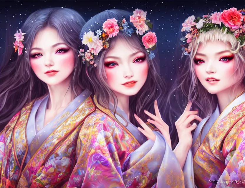 Image similar to two beautiful alluring siberian girls wear fantasy kimono in festival | | sunny night, full moon, dreamlike art, realistic shaded, smile, good looking, hyper details, 4 k realistic, cryengine, realistic shaded lighting poster by artgerm, ross tran, fuji choko, 8 k resolution, trending on artstation, luxury