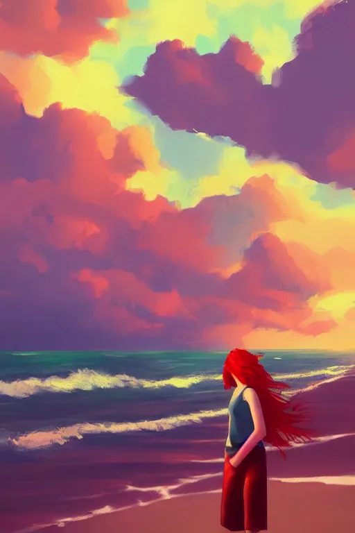 Image similar to a red haired young girl beach surreal photography, sunrise, dramatic light, impressionist painting, colorful clouds, digital painting, artstation, simon stalenhag