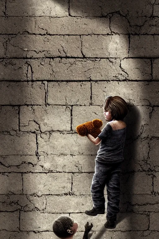 Prompt: giant crack hole on the brick concrete wall, child with dirty face watching from inside the crack reaching towards camera hand is holding a dirty ealistic teddybear. gloomy, intricate, elegant, highly detailed, digital painting, artstation, concept art, addiction, chains, smooth, sharp focus, illustration, art by ilja repin