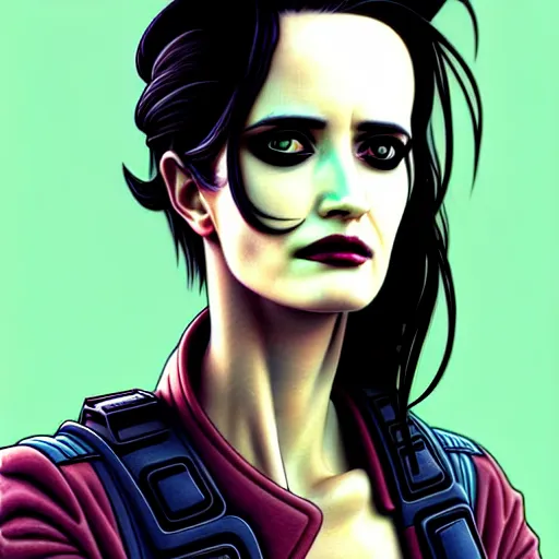 Image similar to portrait painting of a cyberpunk road warrior eva green, sharp focus, award - winning, trending on artstation, masterpiece, highly detailed, intricate. art by josan gonzales and moebius and deathburger