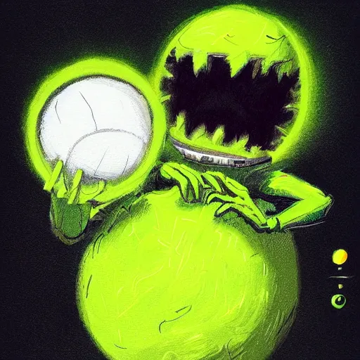 Prompt: a tennis ball monster, tennis ball, dark, chalky, astronaut, digital art, fantasy, magic, trending on artstation, ultra detailed, professional illustration by Basil Gogos