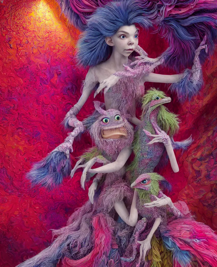 Image similar to hyper detailed 3d render like a Oil painting - kawaii portrait of two Aurora (a beautiful skeksis muppet fae princess protective playful expressive from dark crystal that looks like Anya Taylor-Joy) seen red carpet photoshoot in UVIVF posing in scaly dress to Eat of the Strangling network of yellowcake aerochrome and milky Fruit and His delicate Hands hold of gossamer polyp blossoms bring iridescent fungal flowers whose spores black the foolish stars by Jacek Yerka, Ilya Kuvshinov, Mariusz Lewandowski, Houdini algorithmic generative render, golen ratio, Abstract brush strokes, Masterpiece, Edward Hopper and James Gilleard, Zdzislaw Beksinski, Mark Ryden, Wolfgang Lettl, hints of Yayoi Kasuma and Dr. Seuss, octane render, 8k