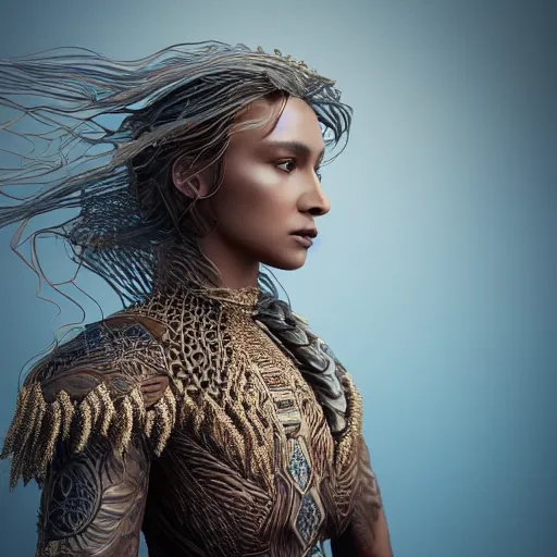 Image similar to a regal brown woman wearing an intricate and detailed armor made of ocean waves. layers. textures. delicate. elaborate. translucent. soft. ethereal. fragile. vulnerable. studio portrait. photorealistic. octane render