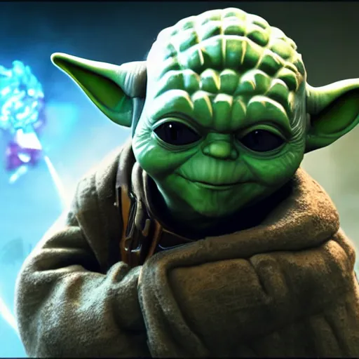 Image similar to yoda as buzz lightyear buzz lightyear in gears of war, splash art, movie still, cinematic lighting, dramatic, octane render, long lens, shallow depth of field, bokeh, anamorphic lens flare, 8 k, hyper detailed, 3 5 mm film grain