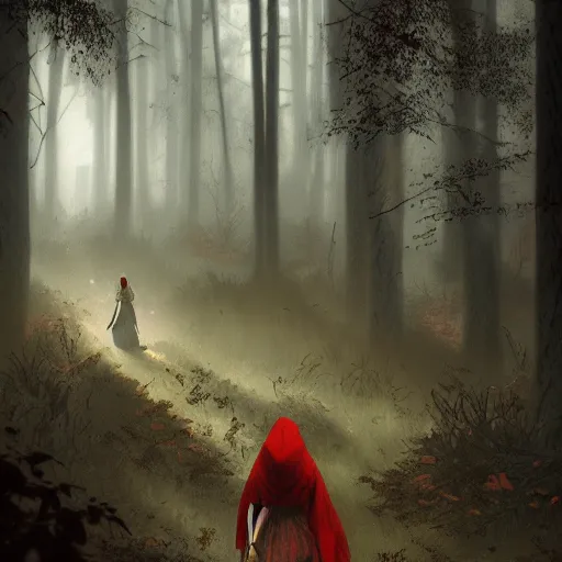 Image similar to little red ridinghood on a dark moonlight forest path being stalked by a wolf, darkwave, darksynth, concept art, sharp, digital matte painting, art by, greg rutkowski, wlop, dramatic lighting, trending on artstation