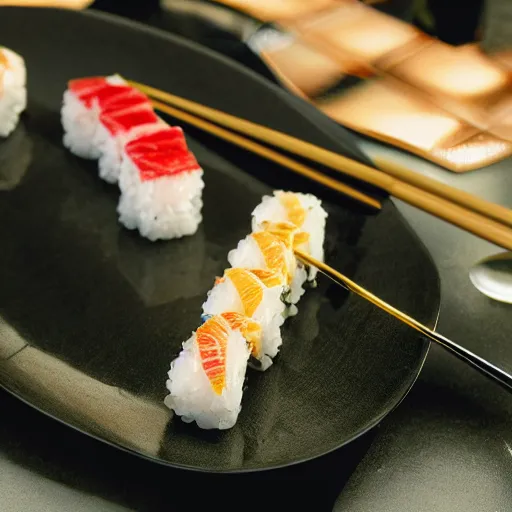 Prompt: Gold plated sushi, professional studio photography, luxury, cinestill, 800t, 35mm, full-HD