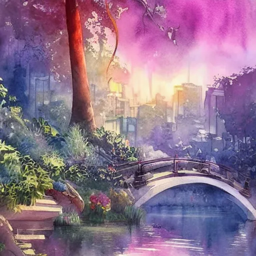 Image similar to Beautiful happy picturesque charming sci-fi city in harmony with nature. Beautiful light. Water and plants. Nice colour scheme, soft warm colour. Beautiful detailed watercolor by Lurid. (2022)