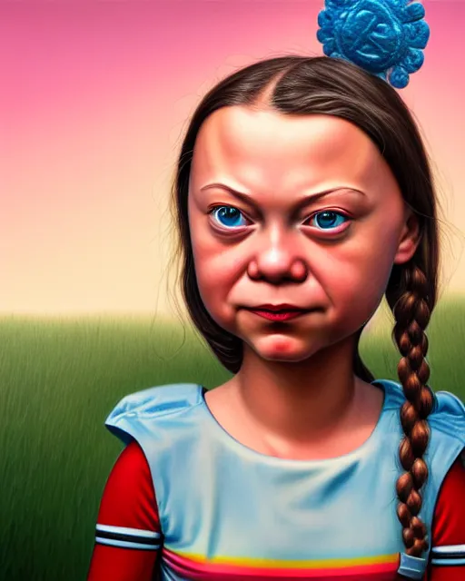 Image similar to closeup face profile portrait of a tin toy greta thunberg as a bikini girl, hyper realistic, artstation, illustration, nicoletta ceccoli, mark ryden, lostfish, max fleischer, digital paint, matte paint, vivid colors, dark, sinister, detailed and intricate environment