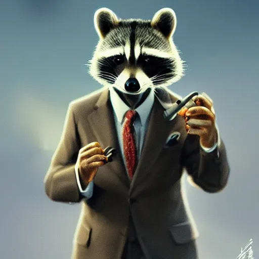 Prompt: a racoon wearing a suit smoking a cigar on his mouth, dramatic lighting, cinematic, establishing shot, extremly high detail, photorealistic, cinematic lighting, artstation, style by James Gurney