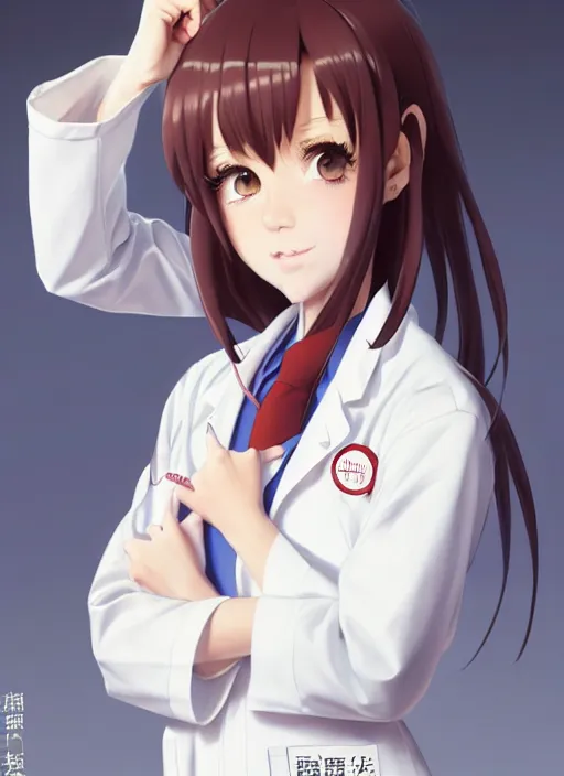 Image similar to 3 / 4 view of a portrait of cute girl in labcoat, confident pose, pixie, elegant, sharp focus, illustration, highly detailed, concept art, matte, trending on artstation, anime, art by wlop and artgerm and greg rutkowski, ilya kuvshinov, strong strokes, photo of makise kurisu from steins gate