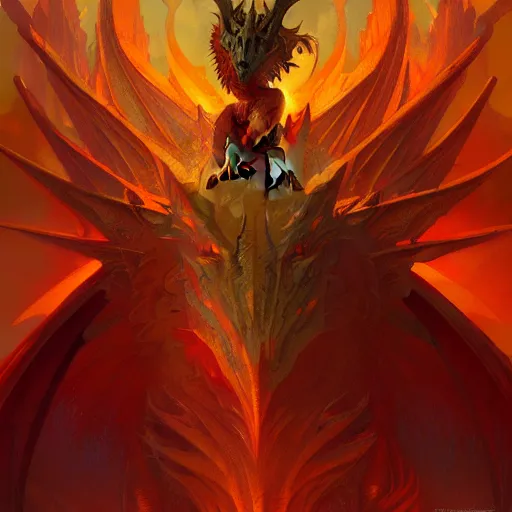 Image similar to full figure dragon, frontal view, luminous scene, by greg rutkowski and alphonse mucha, d & d monster, gradient yellow to red, in hell, highly detailed, digital painting, artstation, concept art, smooth, sharp focus illustration, artstation hq