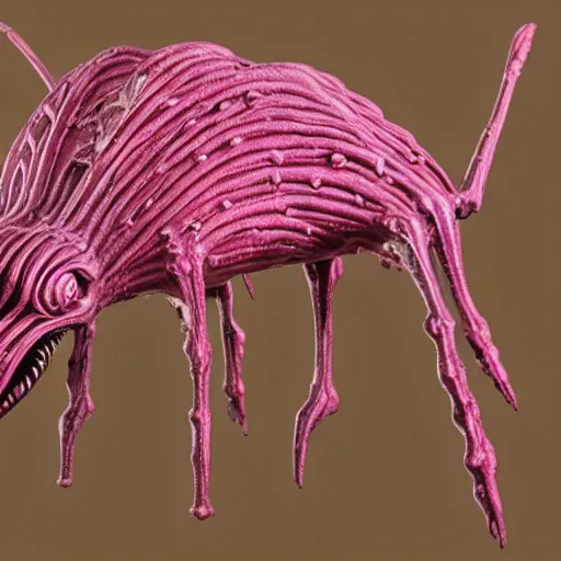 Prompt: An alien creature of uncertain origin, its shapeless pink body bears numerous sets of paired appendages of unknown function, and a pair of ribbed, membranous wings and an odd, vaguely pyramid-shaped head that bristles with numerous wavering antennae, Lovecraftian, highly detailed, rich and deep colors.