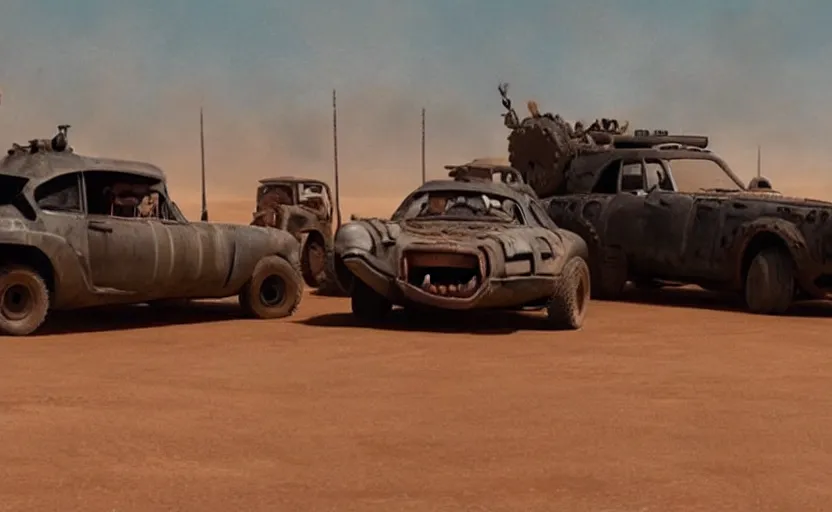 Prompt: mad max cars in a pixar movie with war boys