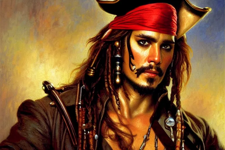 Prompt: attractive male, pirates of the caribbean, painting by gaston bussiere, craig mullins, j. c. leyendecker, tom of finland