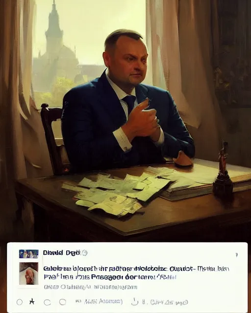 Prompt: andrzej duda, president of poland. fantasy art by greg rutkowski, gustave courbet, rosa bonheur, edward hopper. faithfully depicted facial expression, perfect anatomy, sharp focus, global illumination, radiant light, detailed and intricate environment, trending on artstation