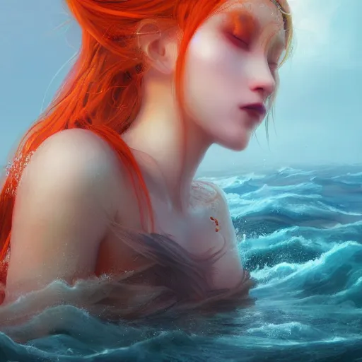 Image similar to breathtakingly detailed concept art painting portrait of goddess sinking into the sea, carrot colored hair, orthodox saint, full body, gorgeous background, created by hsiao - ron cheng, very moody lighting, 8 k