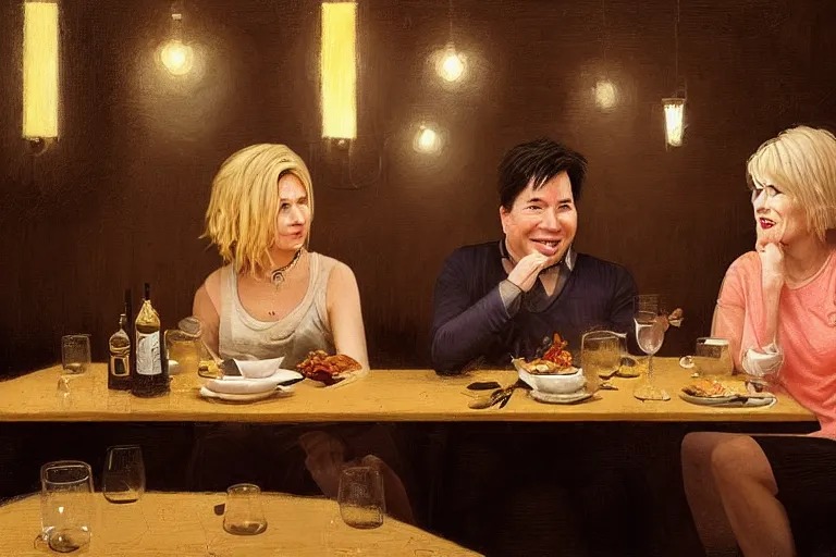 Prompt: portait of michael mcintyre and middle aged blonde woman with short hair and a blonde woman with long hair having dinner at sunday in brooklyn restaurant, greg rutkowski