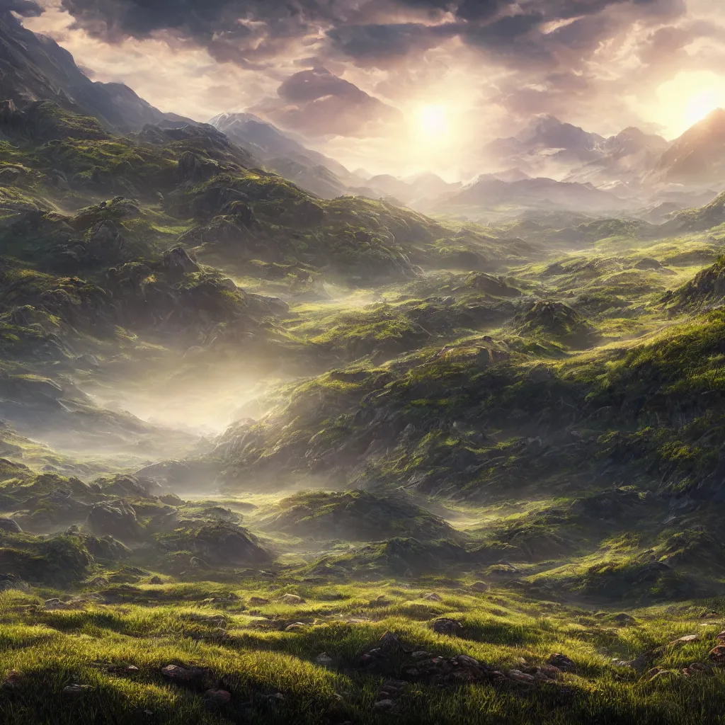 Prompt: sun path in the sky, a magical lush highland landscape in the background with mountains far away, hypermaximalistic, high details, cinematic, 8k resolution, beautiful detailed, insanely intricate details, artstation trending, octane render, unreal engine