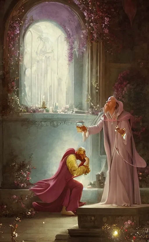 Image similar to a drunk wizard casting a rose petal bloom spell by raphael lacoste and adrian smith and delphin enjolras and daniel f. gerhartz