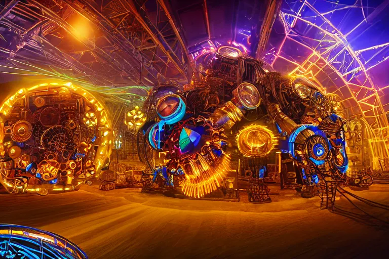 Image similar to scene is burning man festival, portrait photo of a giant huge golden and blue metal steampunk robot, with gears and tubes, eyes are glowing red lightbulbs, audience selfie, shiny crisp finish, 3 d render, 8 k, insaneley detailed, fluorescent colors, haluzinogetic, background is multicolored lasershow