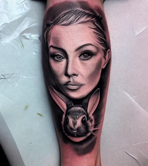 Image similar to realism tattoo sketch of a isabelledeltore face double exposure nature scenery with rabbit, in the style of matteo pasqualin, amazing detail, sharp, faded