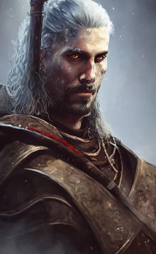 Prompt: an oil art portrait of young handsome pale roma, grim dark warrior from witcher, gipsy blood mage with great sword character design from inquisition, 4 k, ultra detail, volumetric lighting, unreal engine, octane render