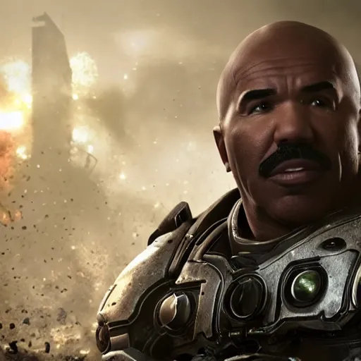 Image similar to Portrait of Steve Harvey in Gears of War, splash art, movie still, cinematic lighting, dramatic, octane render, long lens, shallow depth of field, bokeh, anamorphic lens flare, 8k, hyper detailed, 35mm film grain