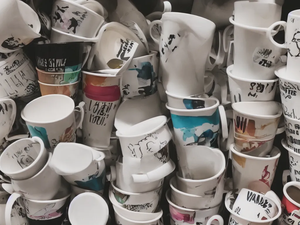 Prompt: coffee cups on 90s cubicle table