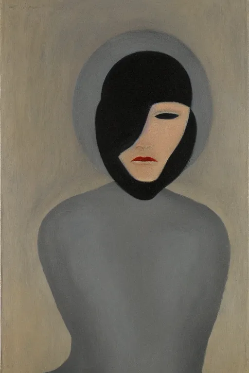 Image similar to Abstract. Minimalism. Portrait of a cyborg woman. 1920. Oil on panel