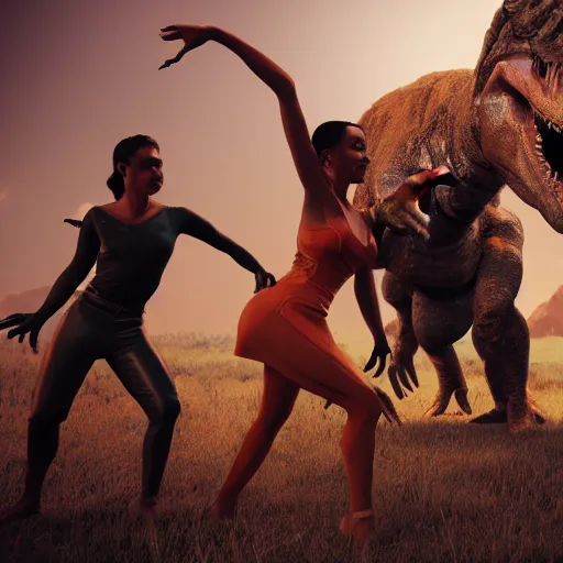 Prompt: a hyper real comic book style portait painting of salsa dancers in the stone age with dinosaurs, unreal 5, hyperrealistic, octane render, cosplay, rpg portrait, dynamic lighting