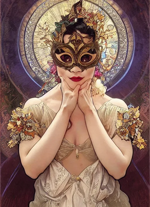 Prompt: a beautiful woman wearing an elaborate masquerade mask, looking at the viewer with an alluring expression. painting by artgerm and greg rutkowski and alphonse mucha