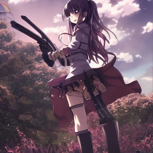 Prompt: anime girl with steampunk weapons preparing to fight a giant robot, extremely detailed, cinematic lighting, beautiful, intense, clouds, lush, trees,