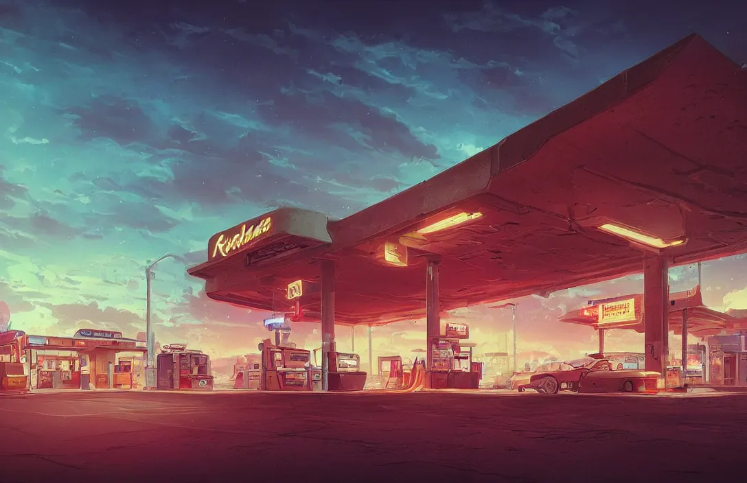 Image similar to raphael lacoste, bastien grivet, ross tran, a retro gas station in the dessert, retrowave, neon colors night, intricate details in environment, meeting point, luminance, golden ratio, high aestehtic, cinematic light, dramatic light, godrays, distance, clear atmosphere, photobash, wideangle, bierstadt,