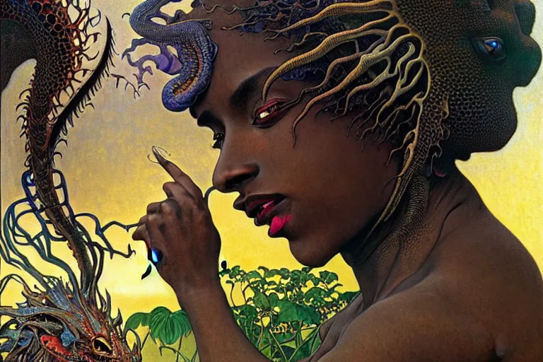 Image similar to realistic extremely detailed closeup portrait painting of a beautiful black woman, mutant dragon and a single old house on background by Jean Delville, Amano, Yves Tanguy, Alphonse Mucha, Ernst Haeckel, Edward Robert Hughes, Roger Dean, rich moody colours