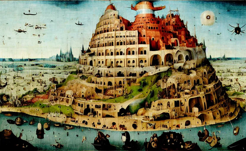 Prompt: A mysterious babel city by Hieronymus Bosch