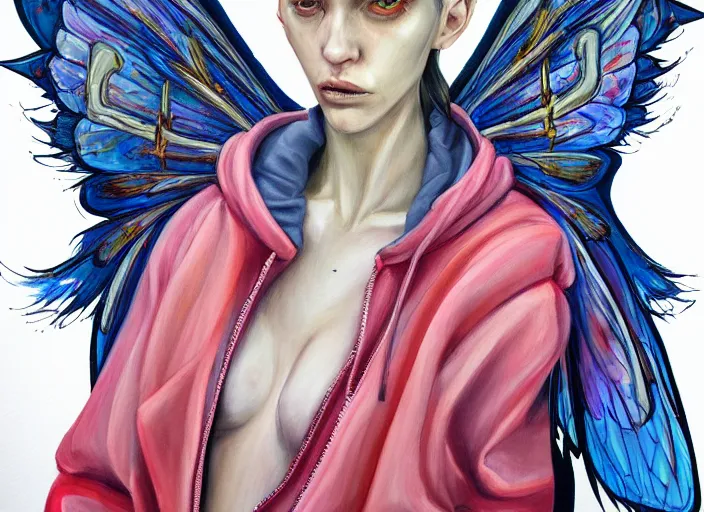 Prompt: a painting by martine johanna of a fairy with big wings wearing a hoodie standing in a township street in the style of jenny saville, street fashion outfit, haute couture fashion shoot, fairy, d & d, fantasy sticker illustration, artstation