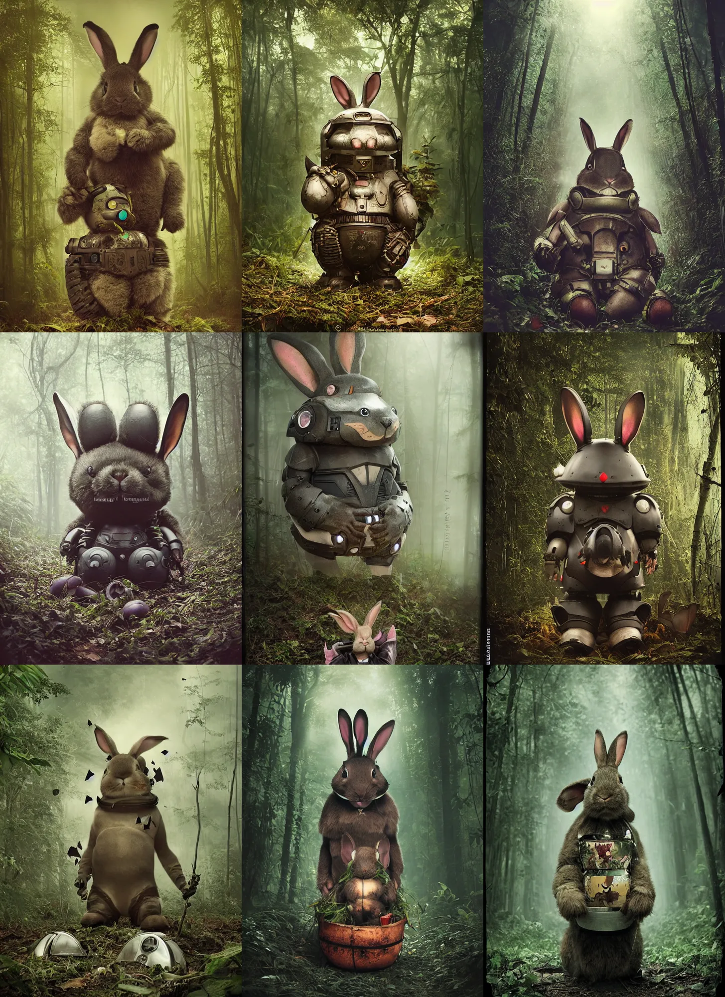 Prompt: dark night oversized battle rabbit robot chubby fatmech trailer bucket bowl double decker with big ears with rabbit sitting inside, in jungle forest, full body, nighttime, cinematic focus, polaroid photo, vintage, neutral dull colors, soft lights, foggy, overcast by oleg oprisco, by thomas peschak, by discovery channel, by victor enrich, by gregory crewdson