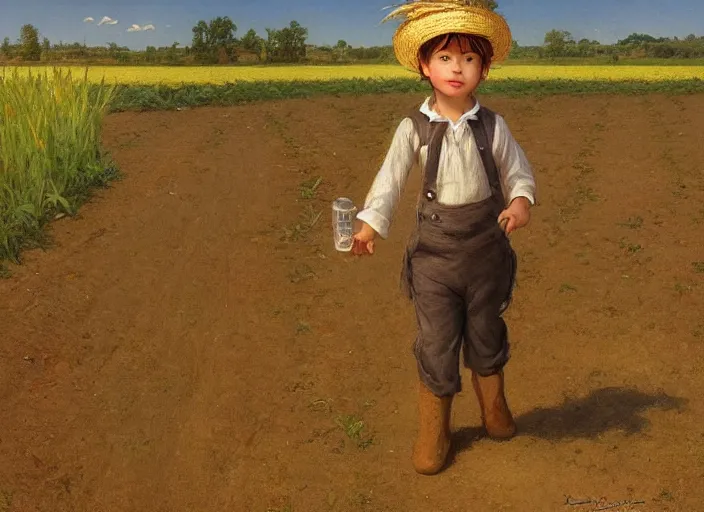 Prompt: a cute young scarecrow with a straw hat in overalls walking on a dirt road next to a large corn field by bouguereau, tom lovell, ross tran, jean baptiste monge