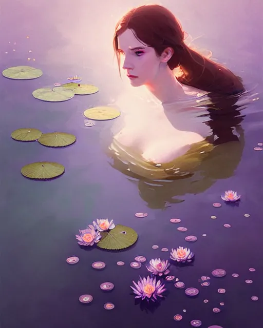 Image similar to hyper - realistic portrait of a ophelia underwater, water lilies, by atey ghailan, by greg rutkowski, by greg tocchini, by james gilleard, by joe fenton, by kaethe butcher, dynamic lighting, gradient light purple, brown, blonde cream and white color scheme, grunge aesthetic