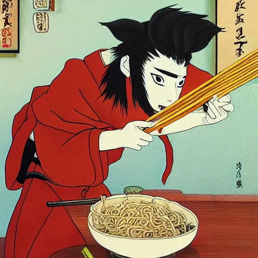 Image similar to robe rat samurai eating noodles, painting on a canvas, anime style, studio ghibli, contemplative, beautiful, surreal, detailed, dreamy