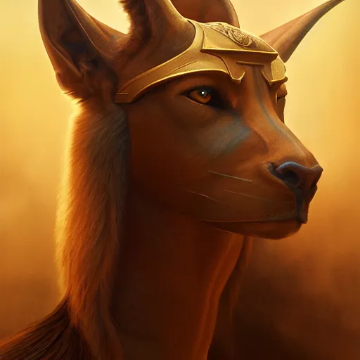 Image similar to Majestic gracious powerful Anubis female warrior portrait, atmospheric lighting, painted, intricate, volumetric lighting, beautiful, rich deep colors masterpiece, golden hour, sharp focus, ultra detailed, by Leesha Hannigan, Ross Tran, Thierry Doizon, Kai Carpenter, Ignacio Fernández Ríos