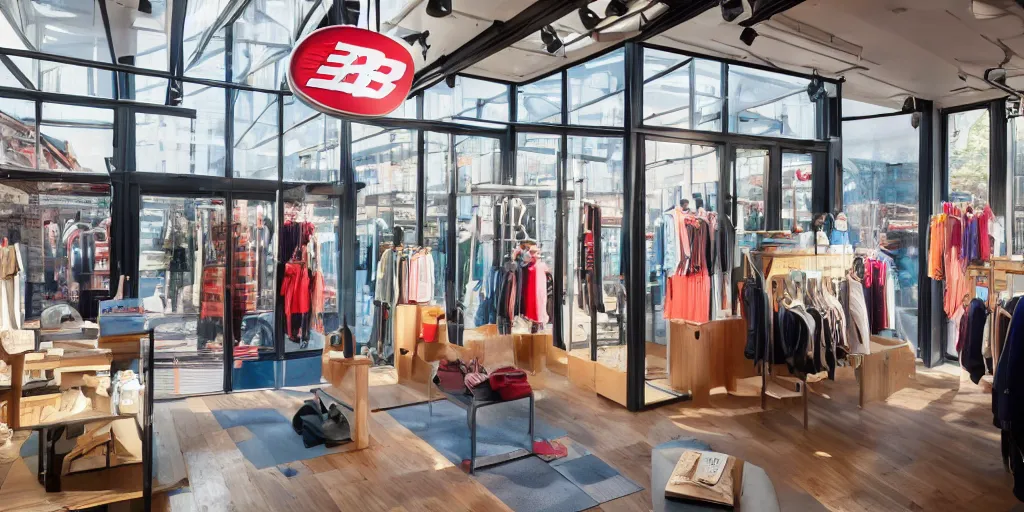 Image similar to New Balance Pop Up store, interior of vintage ferry, bright windows, warm light shafts, cinematic lighting,