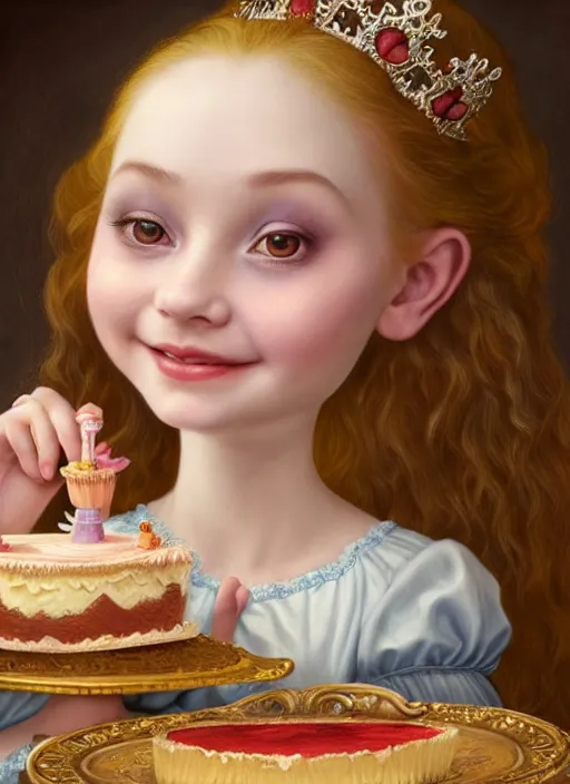 Image similar to highly detailed closeup portrait of a grinning fairytale medieval princess eating birthday cake, unreal engine, nicoletta ceccoli, mark ryden, lostfish, earl norem, global illumination, god rays, detailed and intricate environment