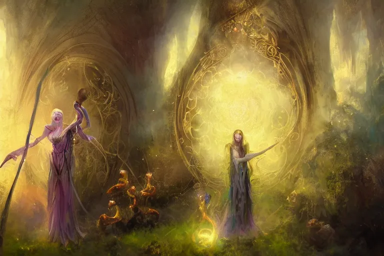 Image similar to the muses. threads of magic emanate to the world... a sacred chant rivendell, the garden of eden, sacred singers they who took up the strings of the deep, and turned the cacophony of an angry world into songs of unity and peace. morning lighting hopeful, cinematic fantasy painting, dungeons and dragons, jessica rossier and brian froud