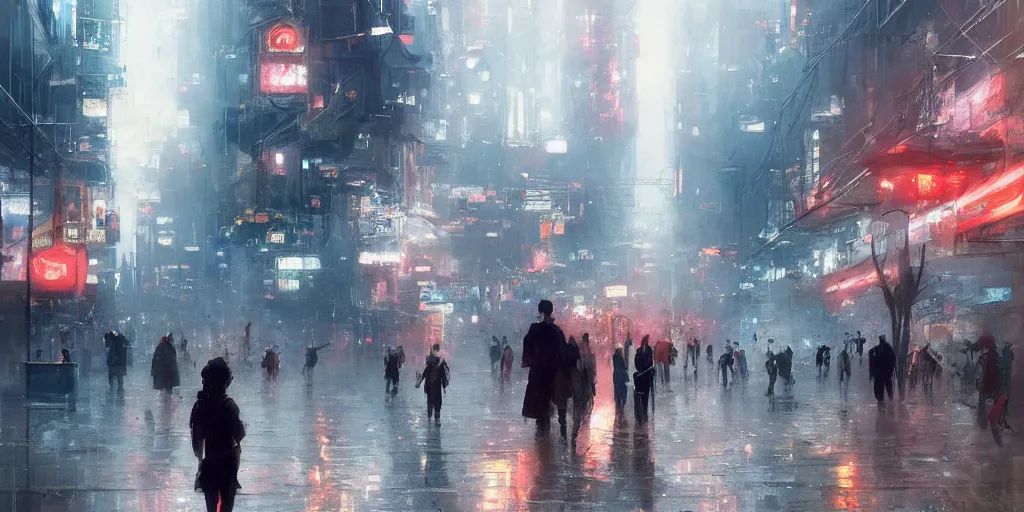Prompt: orwellian metropolitan city with citizens staring at their phones walking on the street by yoshitaka amano, by ruan jia, by conrad roset, by kilian eng, by good smile company, high detail, digital painting, industrial art, cinematic lighting, artstation, cgsociety, 3 5 mm film grain