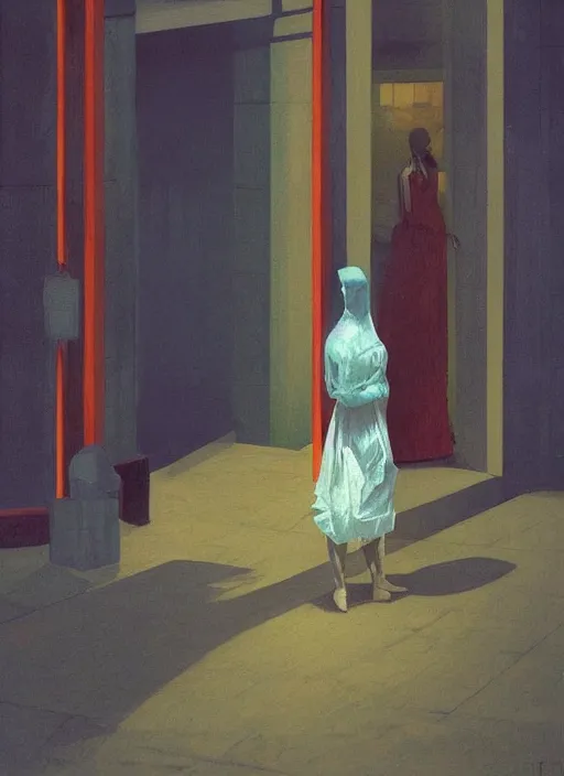 Image similar to woman in a translucent clothing made from plastic bag with paper bags for clothes standing inside paper bags with paper bag over the head at store display on flooded night street Edward Hopper and James Gilleard, Zdzislaw Beksinski, highly detailed