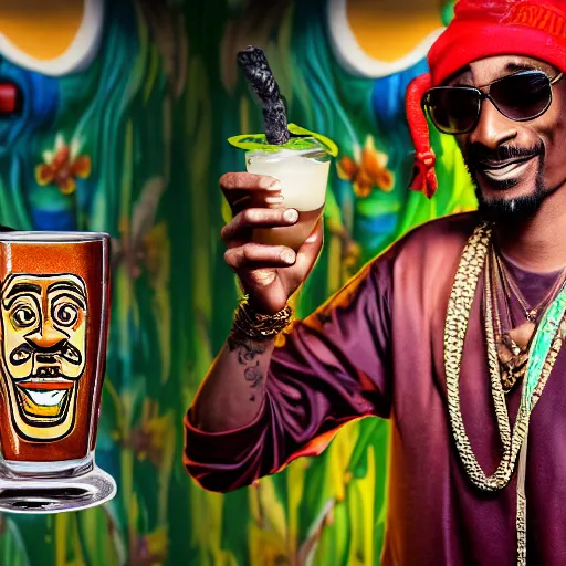 Image similar to a closeup photorealistic photograph of happy stoned blunt smoking snoop dogg at trader vic's bar holding up a trader vic's style tiki mug featuring snoop dogg's face. tiki culture. lit scene. 4 k hd image that's trending on artstation, featured on behance, well rendered, extra crisp, features epic composition and the style of unreal engine.